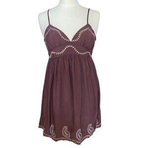Mine Y2K Babydoll Embroidered Sundress Brown Summer Paisley Coquette Boho Sz L